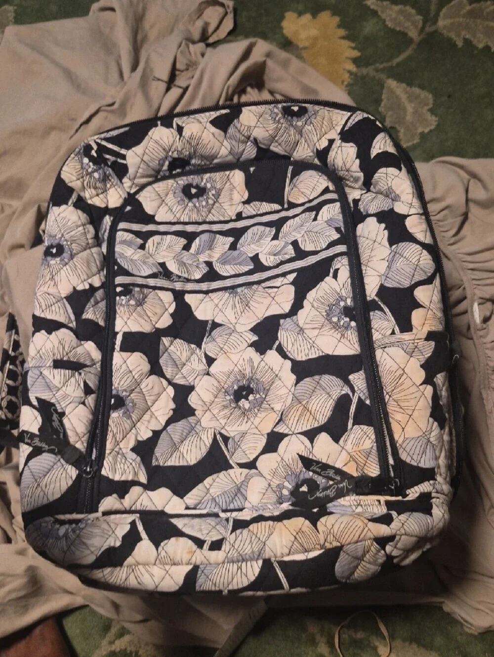 Vera Bradley Black and Cream Quilted Floral Backpack
